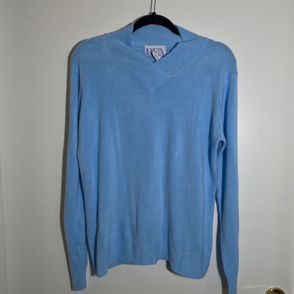 BFA Classics Pastel Blue Pointelle Knit Long Sleeve Sweater Soft Coastal Grandma